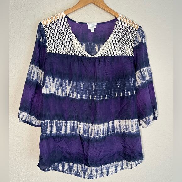Calypso St Barth Target 100% Silk Purple Blue Tie Dye Blouse Crochet Large - Picture 1 of 8